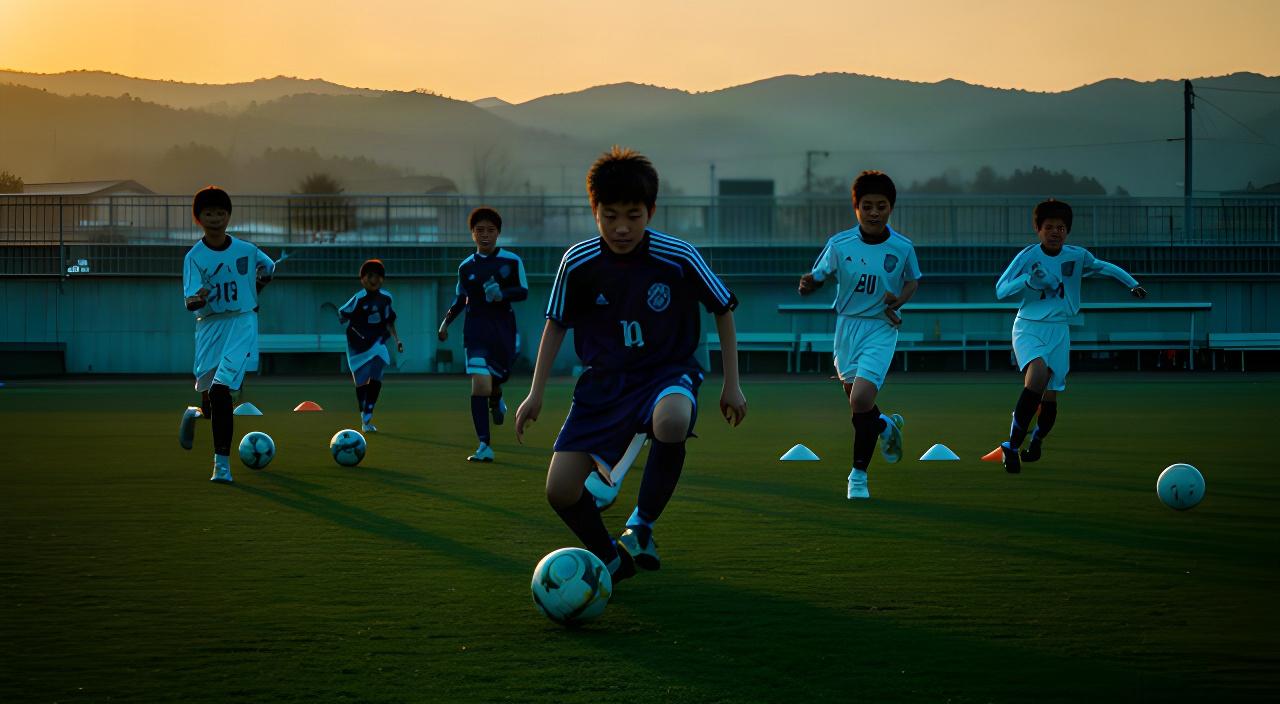岩手県花巻市の競技場で夕方の練習に励む高校サッカー部員